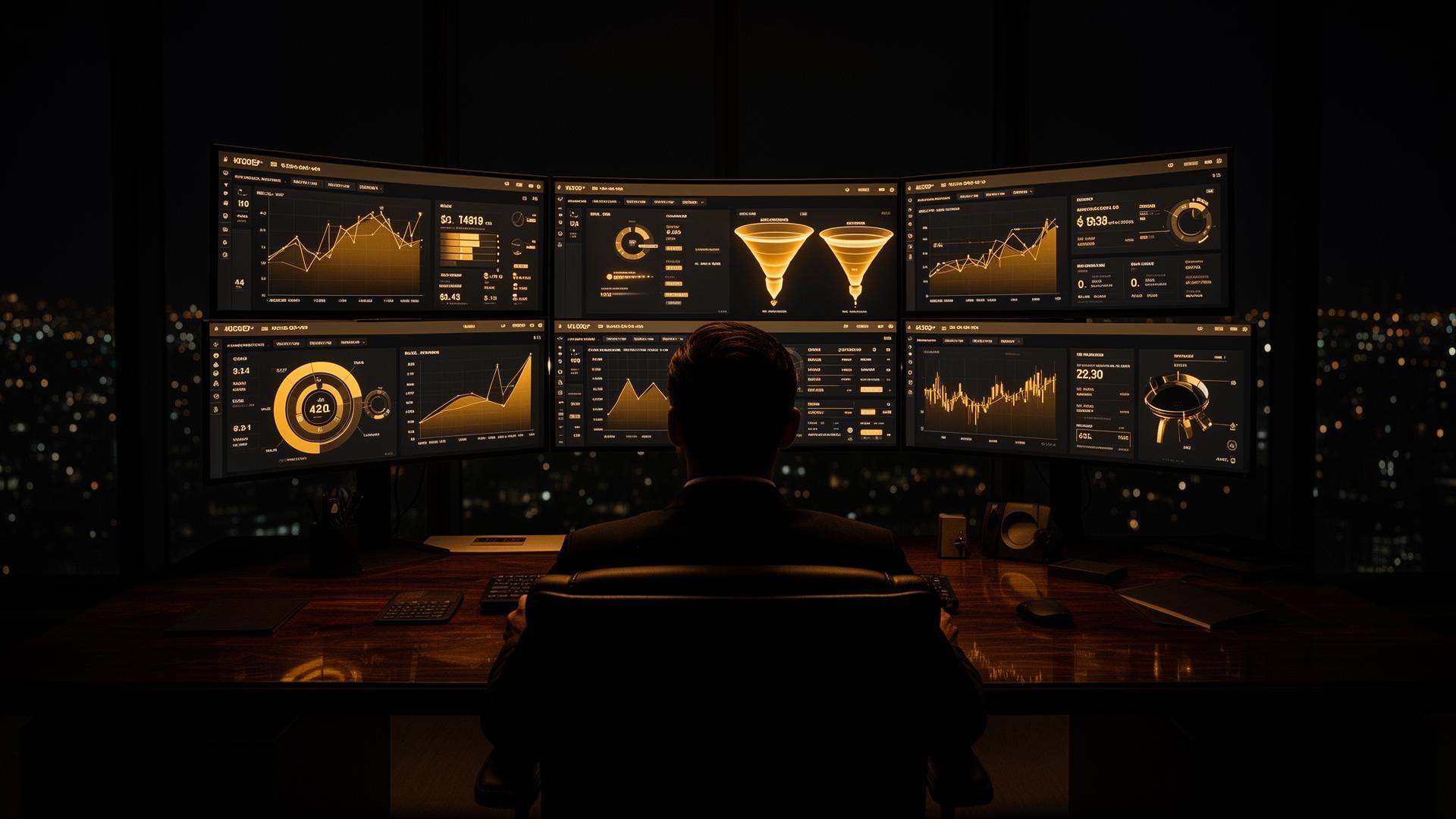 Executivo em sala de comando à noite analisando dashboards de funil de vendas, conversão e receita em múltiplos monitores curvos — representação visual de lançamento digital operado como sistema de vendas previsível