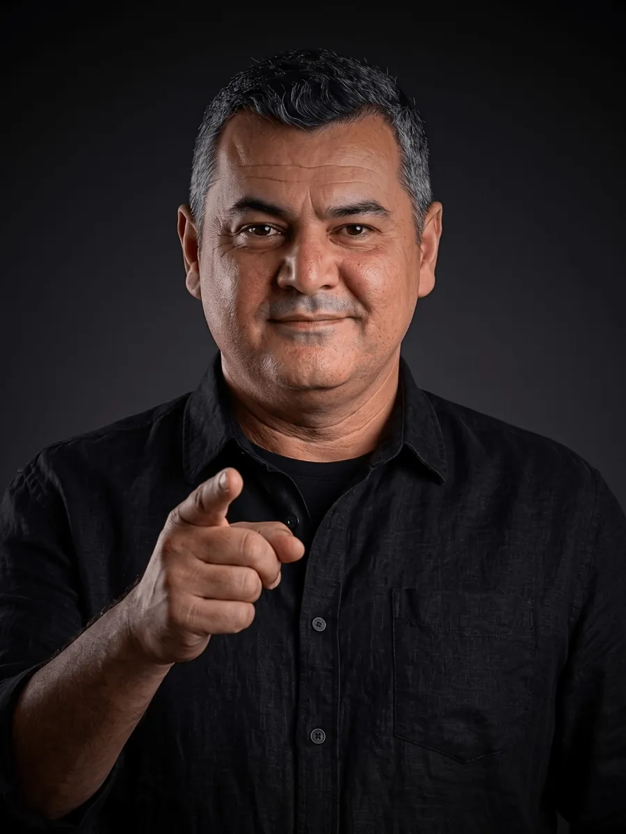 Ricardo Zanga, Gestor de Performance Digital e criador do Método DAVE, apontando para a câmera com camisa preta em fundo fotográfico escuro